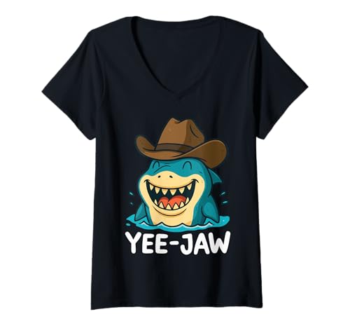 Damen Yee-jaw Hai Cowboy T-Shirt mit V-Ausschnitt Damen Yee-jaw Hai Cowboy T-Shirt mit V-Ausschnitt von Yee Jaw Cowboy Western Hai Ozean