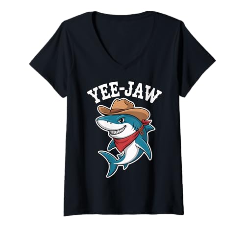 Damen Yee-jaw Hai Cowboy T-Shirt mit V-Ausschnitt Damen Yee-jaw Hai Cowboy T-Shirt mit V-Ausschnitt von Yee Jaw Cowboy Western Hai Ozean