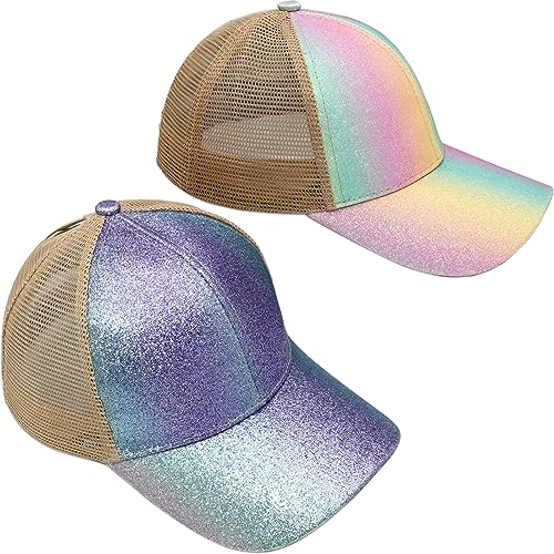 YeeHeen Baseballmütze für Mädchen Criss Cross Pferdeschwanz Baseballmützen Regenbogen Glitzer Sonnenkappe Gelb Grün von YeeHeen