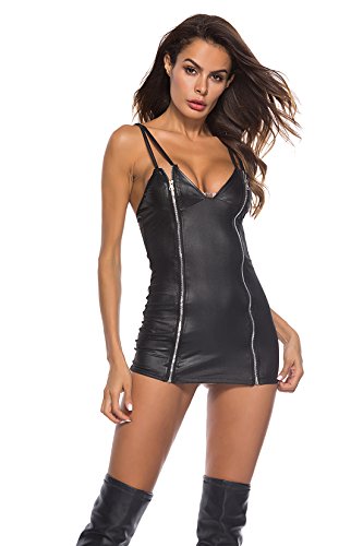 YeeHoo Damen rückenfrei oder 2-Wege Reißverschluß Faux Leder Schwarz Negligee Clubwear Partykleid von YeeHoo