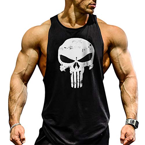 YeeHoo Herren Tank-Top mit Totenkopf-Motiv, Baumwolle, für Muskelaufbau, Bodybuilding, Stringer, ärmelloses Gewichtstraining - Schwarz - Groß von YeeHoo