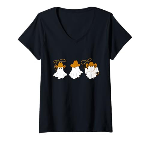 Damen Cowboy-Geister niedliches lustiges Western-Rodeo-Halloween-Kostüm T-Shirt mit V-Ausschnitt Damen Cowboy-Geister niedliches lustiges Western-Rodeo-Halloween-Kostüm T-Shirt mit V-Ausschnitt von Yeehaw Ghostly Western Wear