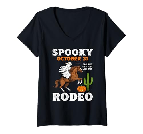 Damen Gruseliges Rodeo Cowboy Geist Reitpferd Spaß Western Halloween T-Shirt mit V-Ausschnitt Damen Gruseliges Rodeo Cowboy Geist Reitpferd Spaß Western Halloween T-Shirt mit V-Ausschnitt von Yeehaw Spooky Apparel