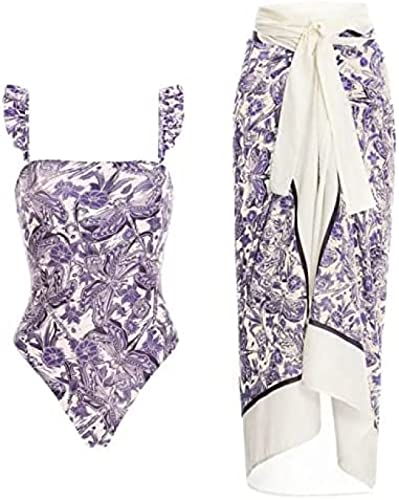 Yeehliny Badeanzug Damen V Ausschnitt Vintage Druck Monokini Bademode mit Rock Cover up Strandurlaub Schwimmanzug Zweiteiliges Tankini-Set Strandmode Swimsuit Badebekleidung von Yeehliny