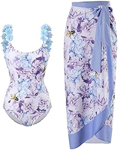 Yeehliny Badeanzug Damen V Ausschnitt Vintage Druck Monokini Bademode mit Rock Cover up Strandurlaub Schwimmanzug Zweiteiliges Tankini-Set Strandmode Swimsuit Badebekleidung von Yeehliny