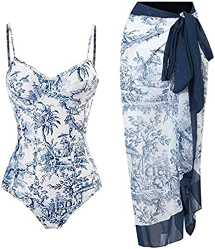 Yeehliny Badeanzug Damen V Ausschnitt Vintage Druck Monokini Bademode mit Rock Cover up Strandurlaub Schwimmanzug Zweiteiliges Tankini-Set Strandmode Swimsuit Badebekleidung von Yeehliny