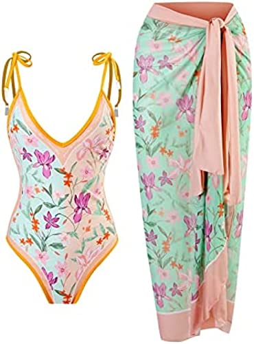 Yeehliny Badeanzug Damen V Ausschnitt Vintage Druck Monokini Bademode mit Rock Cover up Strandurlaub Schwimmanzug Zweiteiliges Tankini-Set Strandmode Swimsuit Badebekleidung von Yeehliny