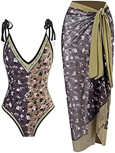 Yeehliny Badeanzug Damen V Ausschnitt Vintage Druck Monokini Bademode mit Rock Cover up Strandurlaub Schwimmanzug Zweiteiliges Tankini-Set Strandmode Swimsuit Badebekleidung von Yeehliny