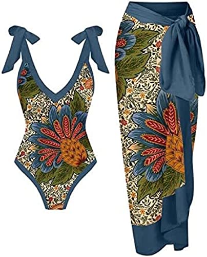 Yeehliny Badeanzug Damen V Ausschnitt Vintage Druck Monokini Bademode mit Rock Cover up Strandurlaub Schwimmanzug Zweiteiliges Tankini-Set Strandmode Swimsuit Badebekleidung von Yeehliny