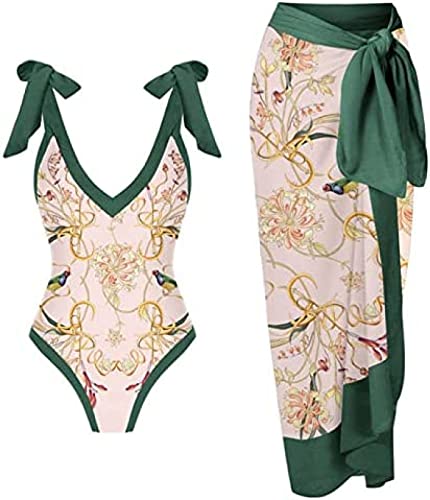 Yeehliny Badeanzug Damen V Ausschnitt Vintage Druck Monokini Bademode mit Rock Cover up Strandurlaub Schwimmanzug Zweiteiliges Tankini-Set Strandmode Swimsuit Badebekleidung von Yeehliny