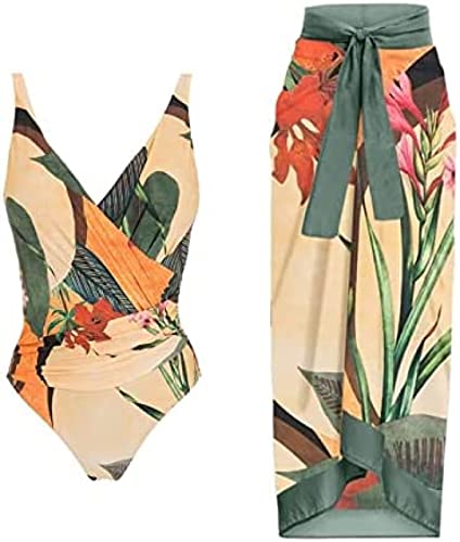 Yeehliny Badeanzug Damen V Ausschnitt Vintage Druck Monokini Bademode mit Rock Cover up Strandurlaub Schwimmanzug Zweiteiliges Tankini-Set Strandmode Swimsuit Badebekleidung von Yeehliny