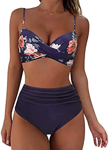 Yeehliny Bikini Damen Bauchweg High Waist Bikini-Sets für Frauen Sexy Push Up Crossover Bikinioberteil +Hohe Taille Bikinihose Zweiteiliger Badeanzug Swimsuit Strandmode von Yeehliny