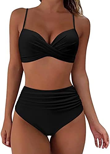 Yeehliny Bikini Damen Bauchweg High Waist Bikini-Sets für Frauen Sexy Push Up Crossover Bikinioberteil +Hohe Taille Bikinihose Zweiteiliger Badeanzug Swimsuit Strandmode von Yeehliny