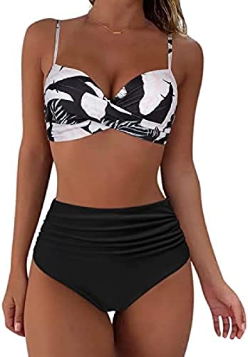 Yeehliny Bikini Damen Bauchweg High Waist Bikini-Sets für Frauen Sexy Push Up Crossover Bikinioberteil +Hohe Taille Bikinihose Zweiteiliger Badeanzug Swimsuit Strandmode von Yeehliny