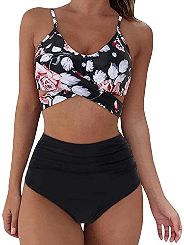 Yeehliny Damen Bikini Set Bademode Vintage Crossover Ties-up Bikinioberteil +Sommer Sport Bikinihose High Waist Zweiteiliger Badeanzug von Yeehliny