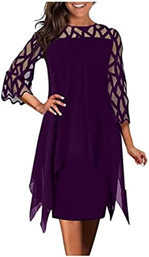 Yeehliny Damen Chiffon Kleid 3/4 Ärmel Rundhals Patchwork Loose Elegant Große Größe Cocktailkleid Knielang Kleider Abendkleid Partykleid Sommerkleid Chiffonkleid Festliche Kleid von Yeehliny