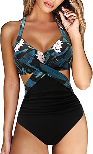 Yeehliny Damen Einteiler Badeanzug Neckholder Triangel V Ausschnitt Raffungen Bauchweg Einteilige Bademode Swimsuit Zierausschnitten Strandmode Swimsuit von Yeehliny