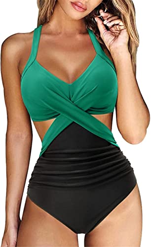 Yeehliny Damen Einteiler Badeanzug Neckholder Triangel V Ausschnitt Raffungen Bauchweg Einteilige Bademode Swimsuit Zierausschnitten Strandmode Swimsuit von Yeehliny