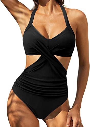 Yeehliny Damen Einteiler Badeanzug Neckholder Triangel V Ausschnitt Raffungen Bauchweg Einteilige Bademode Swimsuit Zierausschnitten Strandmode Swimsuit von Yeehliny