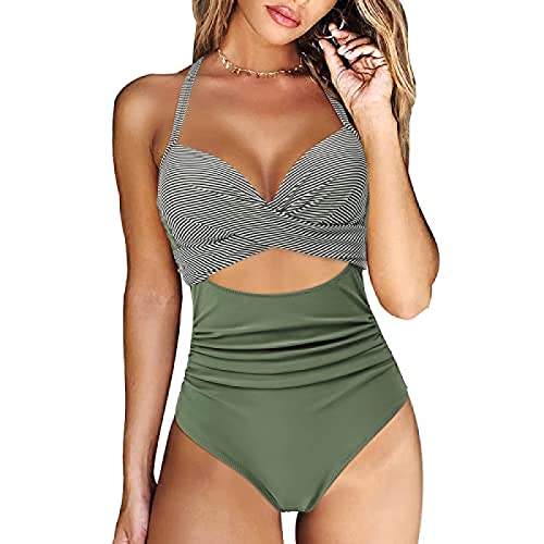 Yeehliny Damen Einteiler Badeanzug Neckholder Triangel V Ausschnitt Raffungen Bauchweg Einteilige Bademode Swimsuit Zierausschnitten Strandmode Swimsuit von Yeehliny