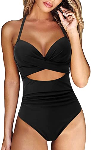 Yeehliny Damen Einteiler Badeanzug Neckholder Triangel V Ausschnitt Raffungen Bauchweg Einteilige Bademode Swimsuit Zierausschnitten Strandmode Swimsuit von Yeehliny