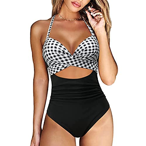 Yeehliny Damen Einteiler Badeanzug Neckholder Triangel V Ausschnitt Raffungen Bauchweg Einteilige Bademode Swimsuit Zierausschnitten Strandmode Swimsuit von Yeehliny