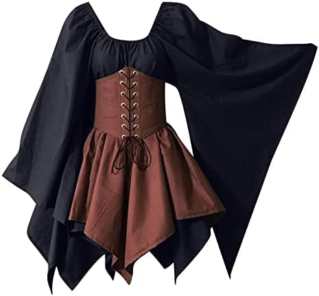 Yeehliny Damen Gothic Kleid Mittelalterliches Kostüm Mittelalter Kleid mit Trompetenärmel Retro Kostüm Gothic Renaissance Viktorianisches Prinzessin Kleidung Hexenkostüm Schnürkleid von Yeehliny