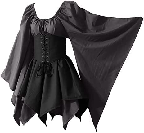 Yeehliny Damen Gothic Kleid Mittelalterliches Kostüm Mittelalter Kleid mit Trompetenärmel Retro Kostüm Gothic Renaissance Viktorianisches Prinzessin Kleidung Hexenkostüm Schnürkleid von Yeehliny