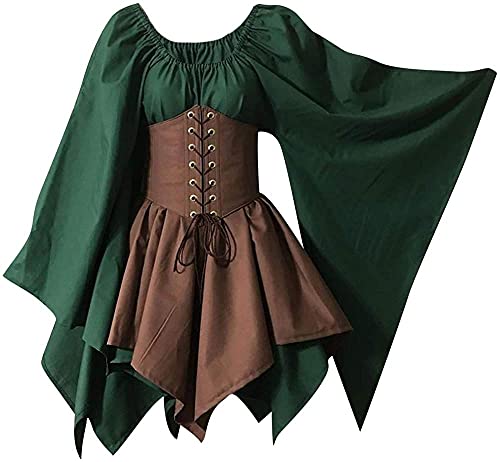 Yeehliny Damen Gothic Kleid Mittelalterliches Kostüm Mittelalter Kleid mit Trompetenärmel Retro Kostüm Gothic Renaissance Viktorianisches Prinzessin Kleidung Hexenkostüm Schnürkleid von Yeehliny