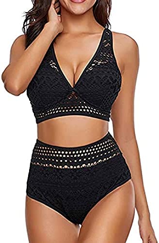 Yeehliny Damen High Waist Bikini Damen Bauchweg Bikini Bademode Aushöhlen Spitze Bikini Bikini-Sets für Damen Badeanzug Zweiteiler Swimmsuit Schwimmanzug Strandmode von Yeehliny