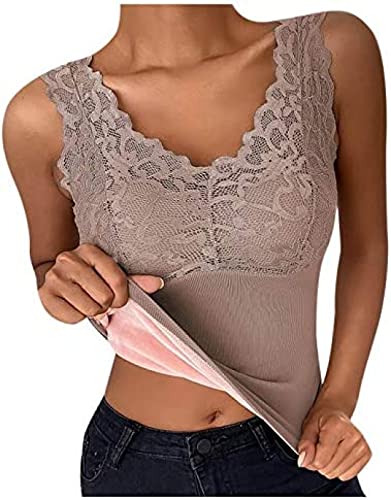 Yeehliny Damen Innenfleece Thermo Unterhemd Thermounterwäsche Spitzen Oberteil Thermo Achselhemd Eingebauter BH Bügelloser Gepolstert Tank Tops BH-Hemd mit Eingebautem Bügellosem BH von Yeehliny