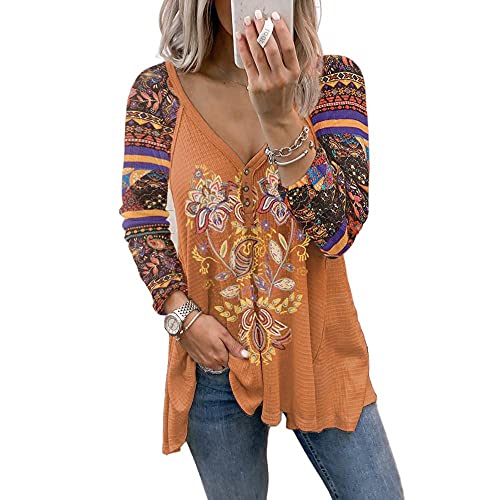 Yeehliny Damen Langarmshirt Vintage V-Ausschnitt Blumenmuster Langarm T-Shirt Oberteil Knopfleiste Leichter Pullover für Herbst Longshirt Sweatshirt von Yeehliny