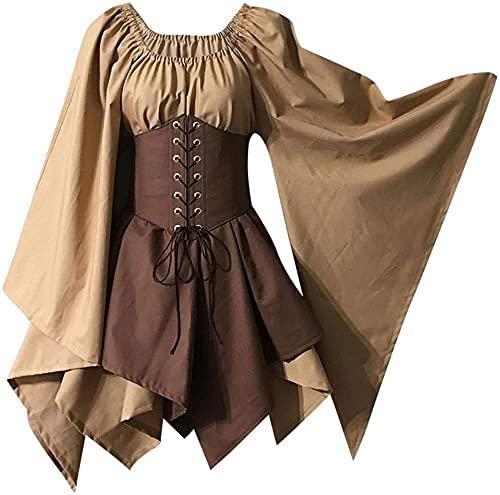 Yeehliny Damen Mittelalter Kleid Maxikleid mit Mesh Trompetenärmel Asymmetrischer Prinzessin Kleider Gothic Halloween-Kleid Karneval Kostüm Renaissance Cosplay Kostüm von Yeehliny