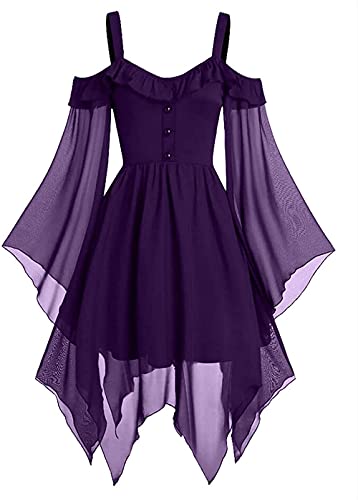 Yeehliny Damen Mittelalter Kleid Maxikleid mit Mesh Trompetenärmel Asymmetrischer Prinzessin Kleider Gothic Halloween-Kleid Karneval Kostüm Renaissance Cosplay Kostüm von Yeehliny