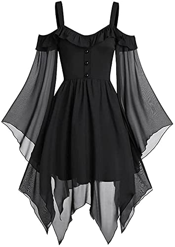 Yeehliny Damen Mittelalter Kleid Maxikleid mit Mesh Trompetenärmel Asymmetrischer Prinzessin Kleider Gothic Halloween-Kleid Karneval Kostüm Renaissance Cosplay Kostüm von Yeehliny