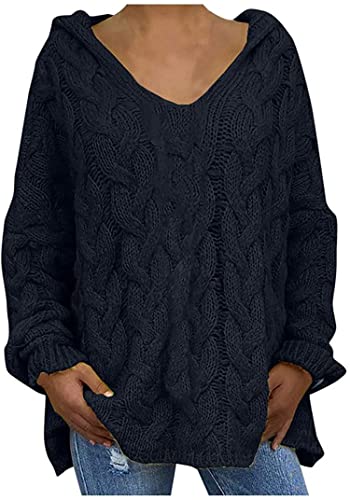 Yeehliny Damen Pullover Hoodie Kapuzenpullover Strickpullover Einfarbig Grobstrick Strickmantel Lässige Langarm V-Ausschnitt Pullover Sweatshirts Herbst Winter Warm Oberteil (XXL, A2) von Yeehliny