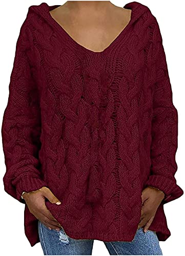 Yeehliny Damen Pullover Hoodie Kapuzenpullover Strickpullover Einfarbig Grobstrick Strickmantel Lässige Langarm V-Ausschnitt Pullover Sweatshirts Herbst Winter Warm Oberteil von Yeehliny
