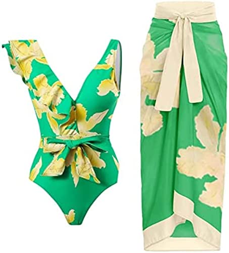 Yeehliny Damen Sexy Badeanzug Sommer Figurformend Strandbikini Einteilige Badeanzug Swimsuit Bademode + Strand Wrap Vertuschung Badeanzug Bikini Cover up Strandkleider 2 Teiliges Set von Yeehliny