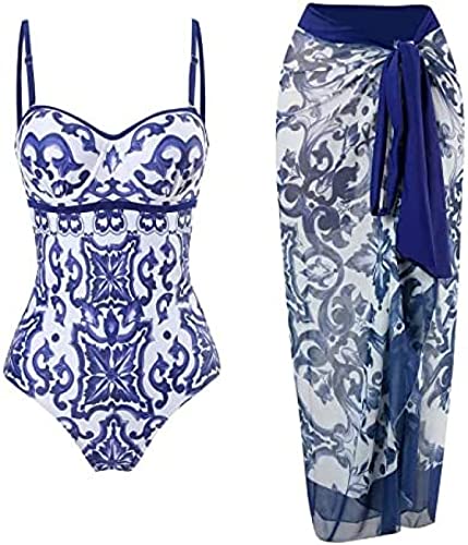 Yeehliny Damen Sexy Badeanzug Sommer Figurformend Strandbikini Einteilige Badeanzug Swimsuit Bademode + Strand Wrap Vertuschung Badeanzug Bikini Cover up Strandkleider 2 Teiliges Set von Yeehliny