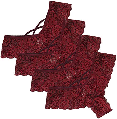 Yeehliny Damen Spitze Wäsche Dessous Verführerisch String Lingerie Soft Tange Thong Unterhose Set Reizvolle Sexy Hipster Tanga Schlüpfer Unterwäsche Panties SpitzenStrings 4er-Pack (Rot, m) von Yeehliny