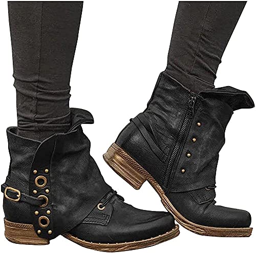 Yeehliny Damen Stiefel Stiefeletten mit Nieten Schuhe Ankle Boots Biker-Boots Retro Lederstiefel Halbschaft Stiefel Schlupfstiefel Kurze Stiefel Frauen Schuhe Schnallen von Yeehliny