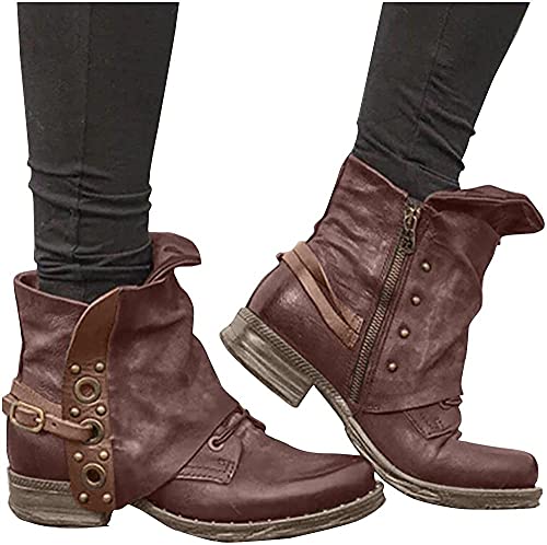 Yeehliny Damen Stiefel Stiefeletten mit Nieten Schuhe Ankle Boots Biker-Boots Retro Lederstiefel Halbschaft Stiefel Schlupfstiefel Kurze Stiefel Frauen Schuhe Schnallen von Yeehliny