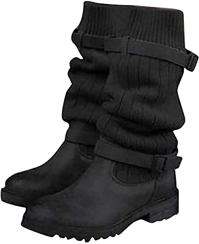 Yeehliny Damen Stiefel Strick Stiefeletten, Winterstiefel Schlupfschuhe Schnalle, Frauen Outdoor Schuhe mit Blockabsatz, Damenstiefel Schlupfstiefel Plateaustiefel Reiterstiefel von Yeehliny