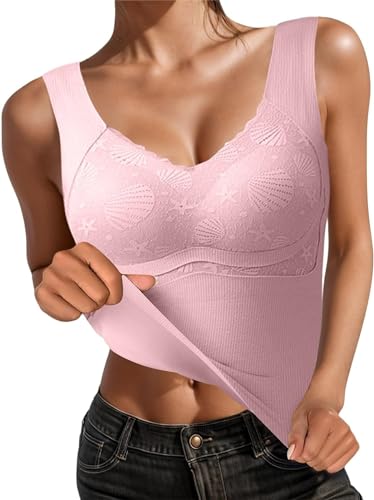 Yeehliny Damen Thermo Unterhemden Winter Warm Innenfleece Thermounterhemd mit Innenfleece Modisches Oberteil Eingebauter BH Bügelloser Gepolstert Tank Tops BH-Hemd Spitzen Unterhemd von Yeehliny