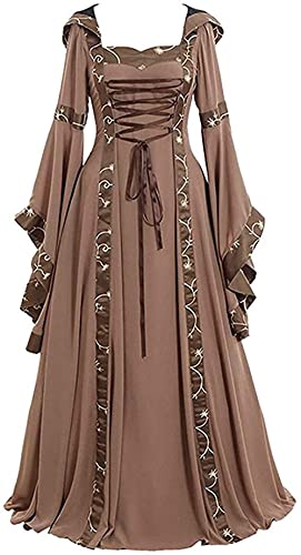 Yeehliny Mittelalter Kleid Damen Mittelalterliche Kleider mit Trompetenärmel Renaissance Kostüme Langes Kleid für Halloween Fasching Karneval Gothic Cosplay Party Maxikleid Kostüm von Yeehliny