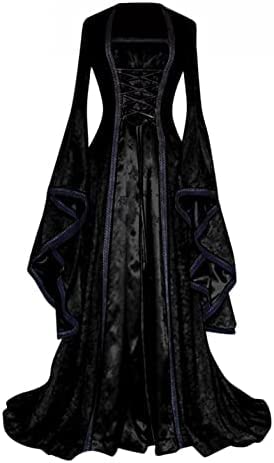 Yeehliny Mittelalter Kleid Damen Mittelalterliche Kleider mit Trompetenärmel Renaissance Kostüme Langes Kleid für Halloween Fasching Karneval Gothic Cosplay Party Maxikleid Kostüm von Yeehliny