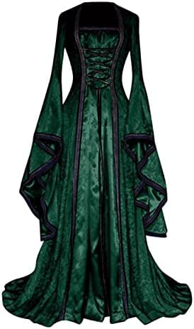 Yeehliny Mittelalter Kleid Damen Mittelalterliche Kleider mit Trompetenärmel Renaissance Kostüme Langes Kleid für Halloween Fasching Karneval Gothic Cosplay Party Maxikleid Kostüm von Yeehliny