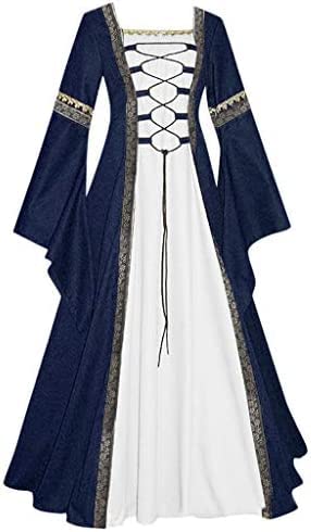 Yeehliny Mittelalter Kleid Damen Mittelalterliche Kleider mit Trompetenärmel Renaissance Kostüme Langes Kleid für Halloween Fasching Karneval Gothic Cosplay Party Maxikleid Kostüm von Yeehliny