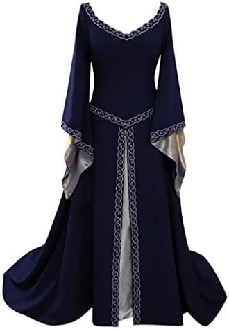 Yeehliny Mittelalter Kleid Damen Mittelalterliche Kleider mit Trompetenärmel Renaissance Kostüme Langes Kleid für Halloween Fasching Karneval Gothic Cosplay Party Maxikleid Kostüm von Yeehliny