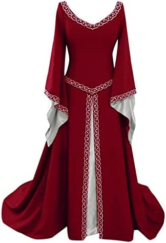 Yeehliny Mittelalter Kleid Damen Mittelalterliche Kleider mit Trompetenärmel Renaissance Kostüme Langes Kleid für Halloween Fasching Karneval Gothic Cosplay Party Maxikleid Kostüm von Yeehliny